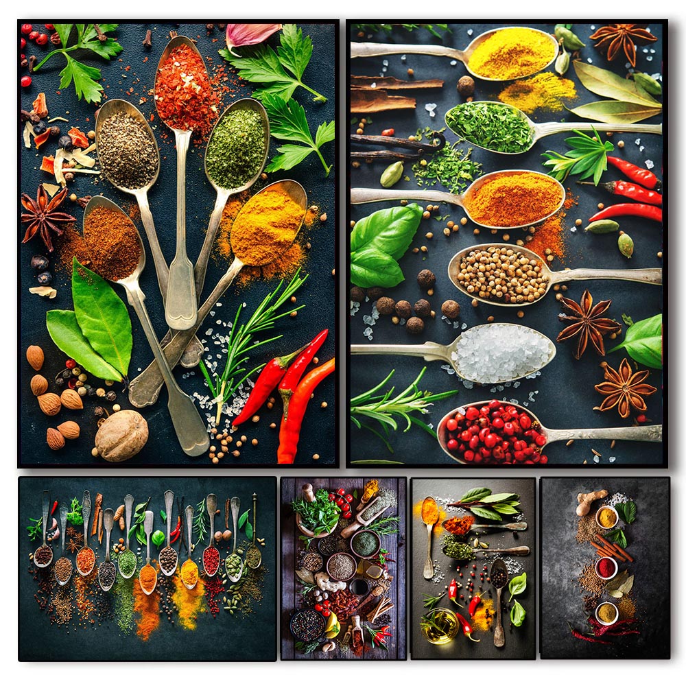 Home Cooking In - Herbs Spices Cooking Canvas Painting Nordic